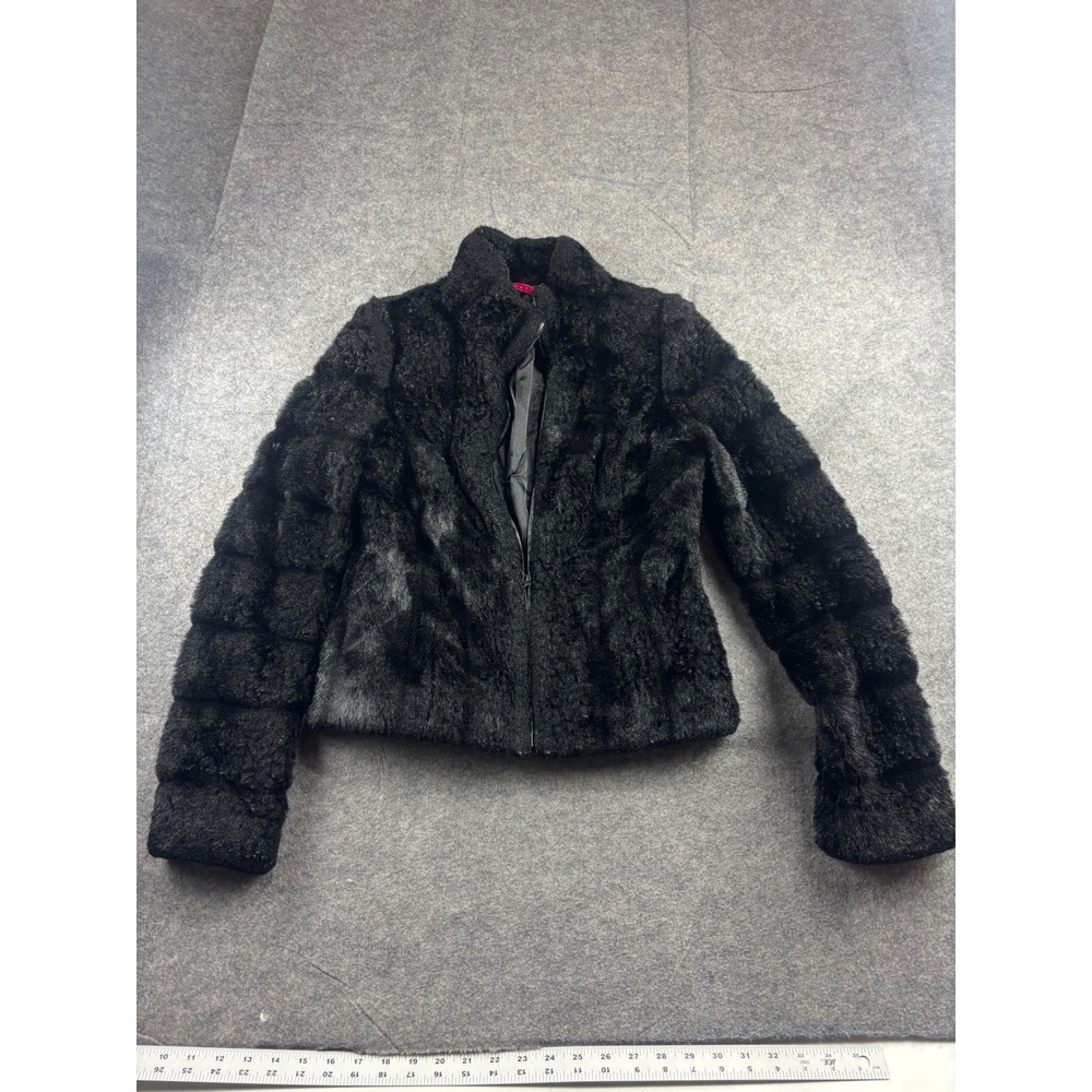 Velvet Black Faux Fur Zip Front Stand Collar Jacket Womens Small